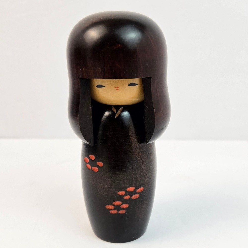 Vintage Japanese Kokeshi Doll Hand Carved Wooden Figurine Dark Floral 5 Inch